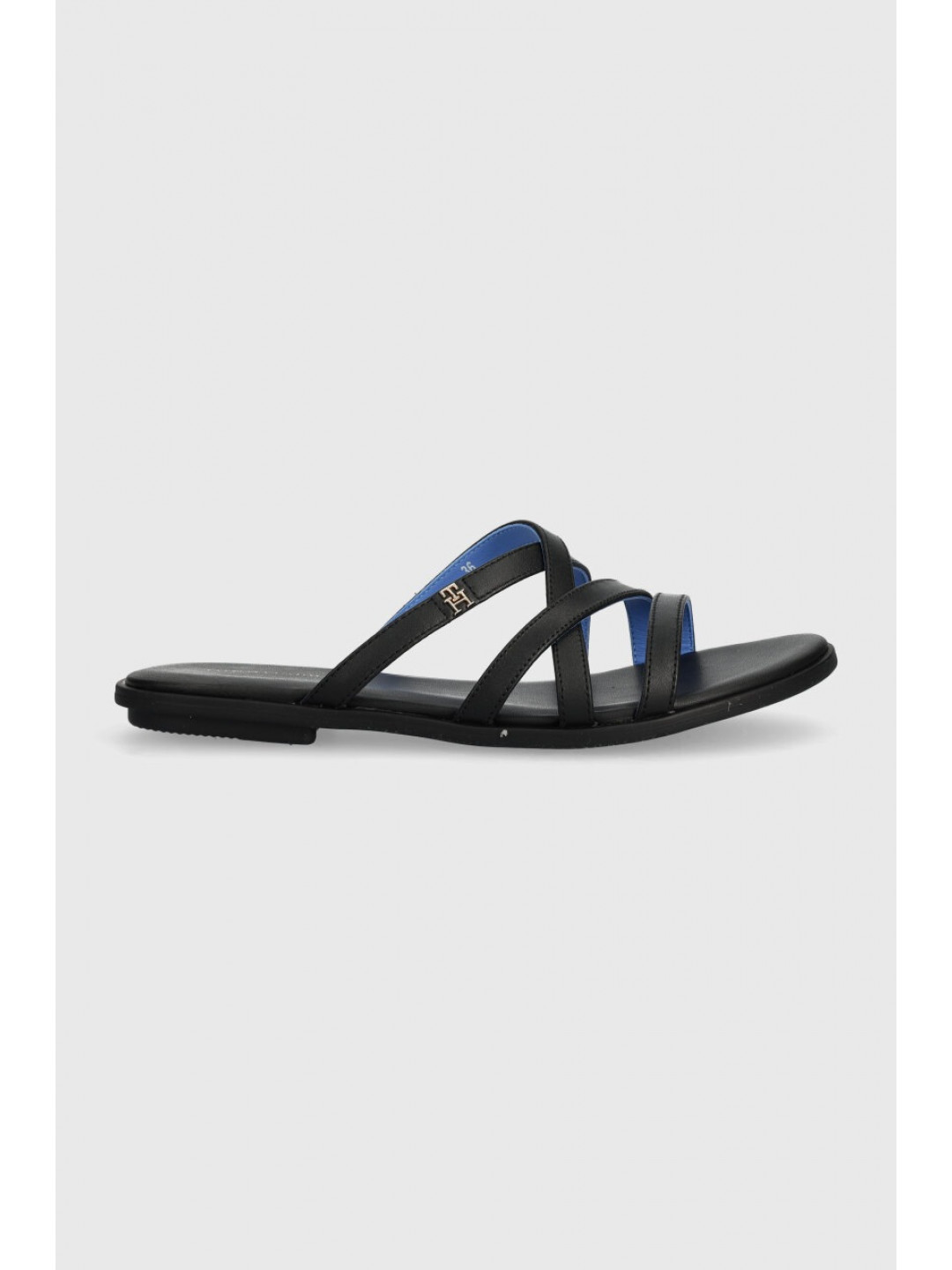 Kožené pantofle Tommy Hilfiger TH STRAP FLAT SANDAL dámské černá barva FW0FW08067
